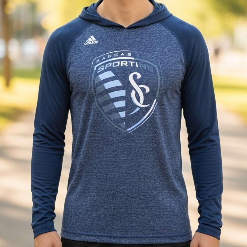 Adidas Sporting Kansas City MLS Climalite Ultimate Tee Hoodie Navy Blue Mens S